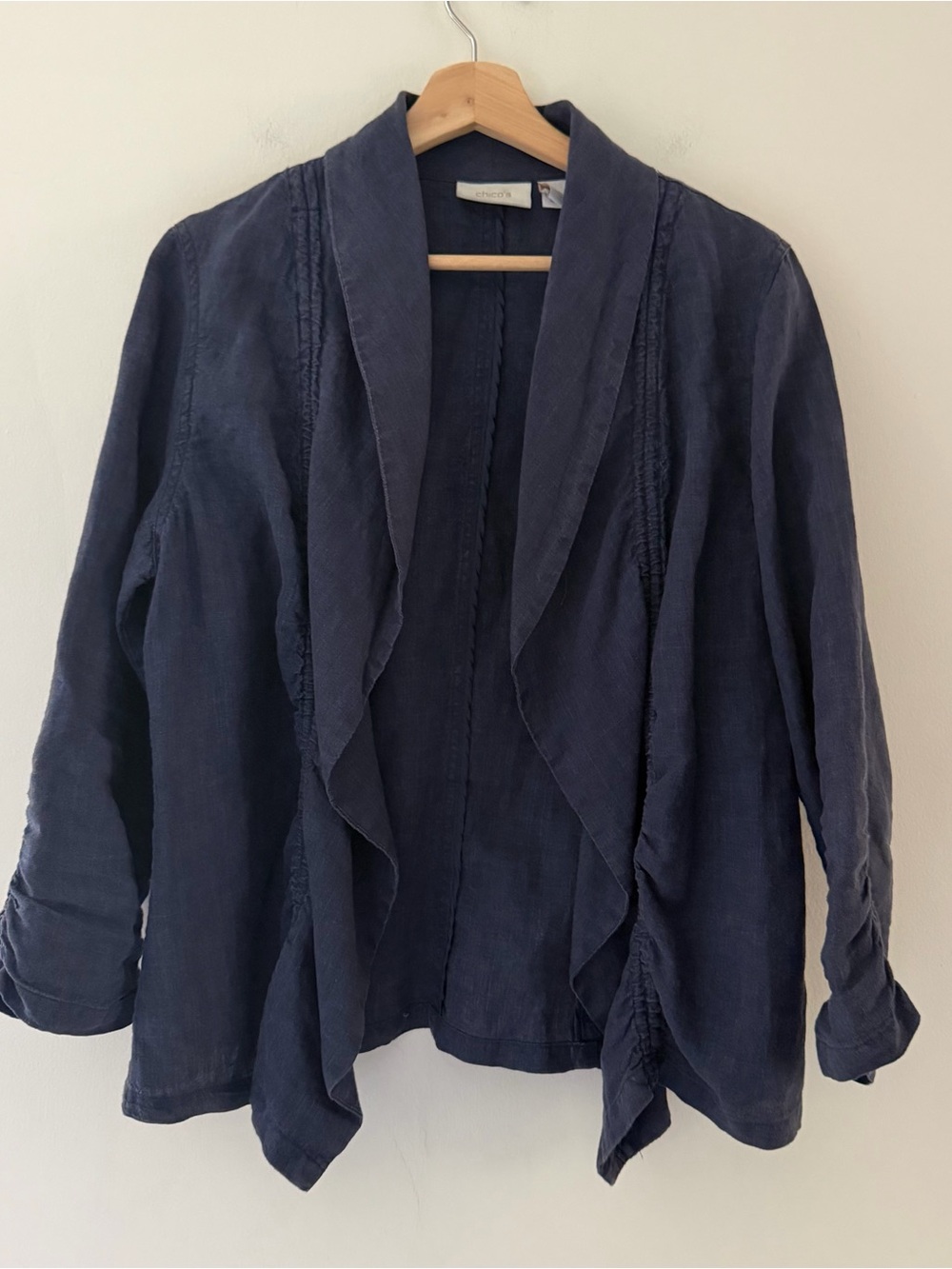 Chicos Linen Jacket Open Blazer Navy Ruched Drapey Size Medium Coastal